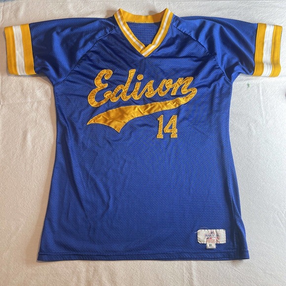 Harv-al tag Edison Baseball jersey size XL extra large Blue Yellow #14 Clean VTG - Picture 3 of 12